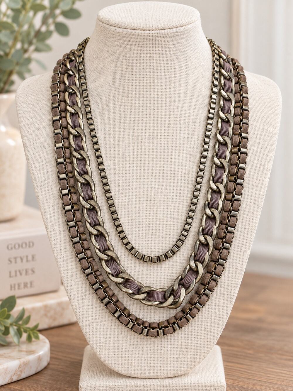 Talbots Four Strands Gold Tone Brown Statement Chain Necklace Boho